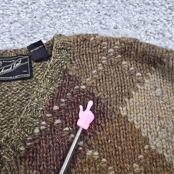 American Eagle Mens L Wool Argyle Sweater Green Brown V Neck Hand Knit Vintage - Picture 6 of 11